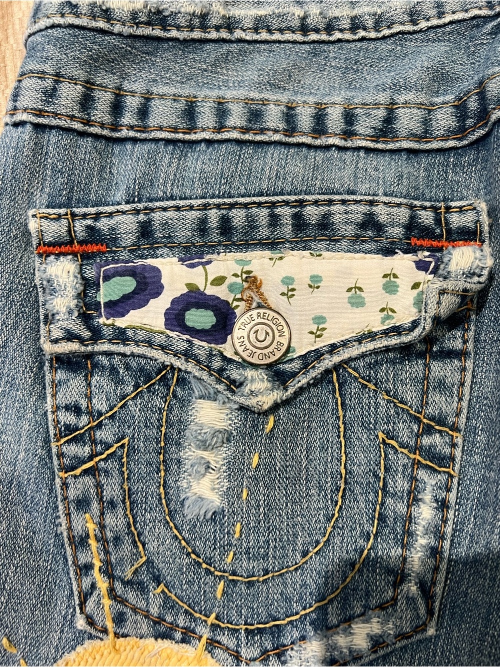 True Religion Blue Flare Jeans with Mushroom & Tree Appliqués - Picture 5 of 9